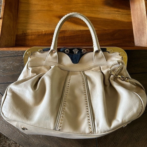Authentic Versace Beige Leather Studded Frame Satchel with Shoulder Strap - Picture 4 of 16
